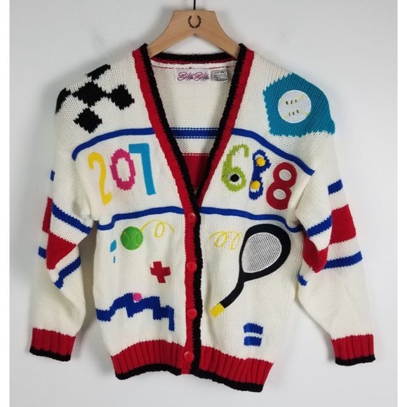 Vtg. Side by Side Kids Sz. 8 Novelty/Tennis/Numbers Knit Button Up Cardigan - Picture 1 of 6